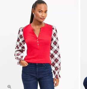 NWT LOFT plaid blouse top red Henley holiday long sleeve large women's